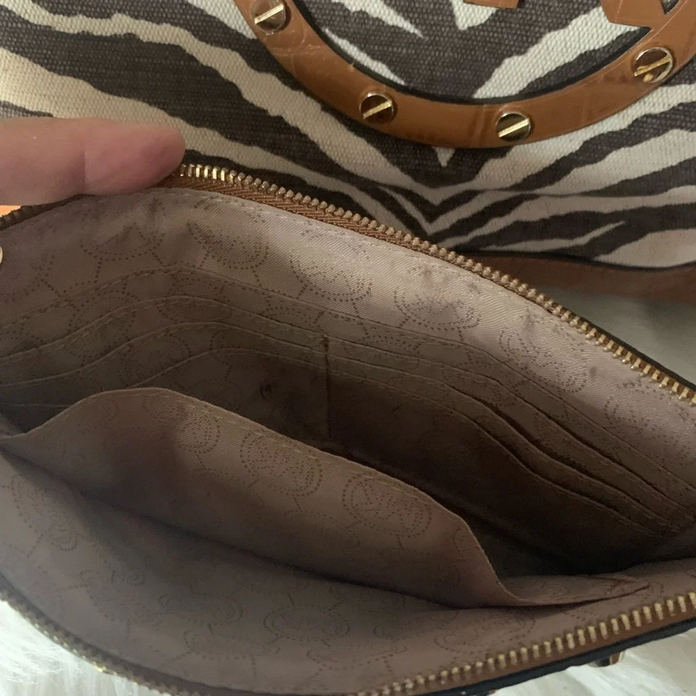 Michael Kors Zebra Print Tote and Clutch Set - Brown